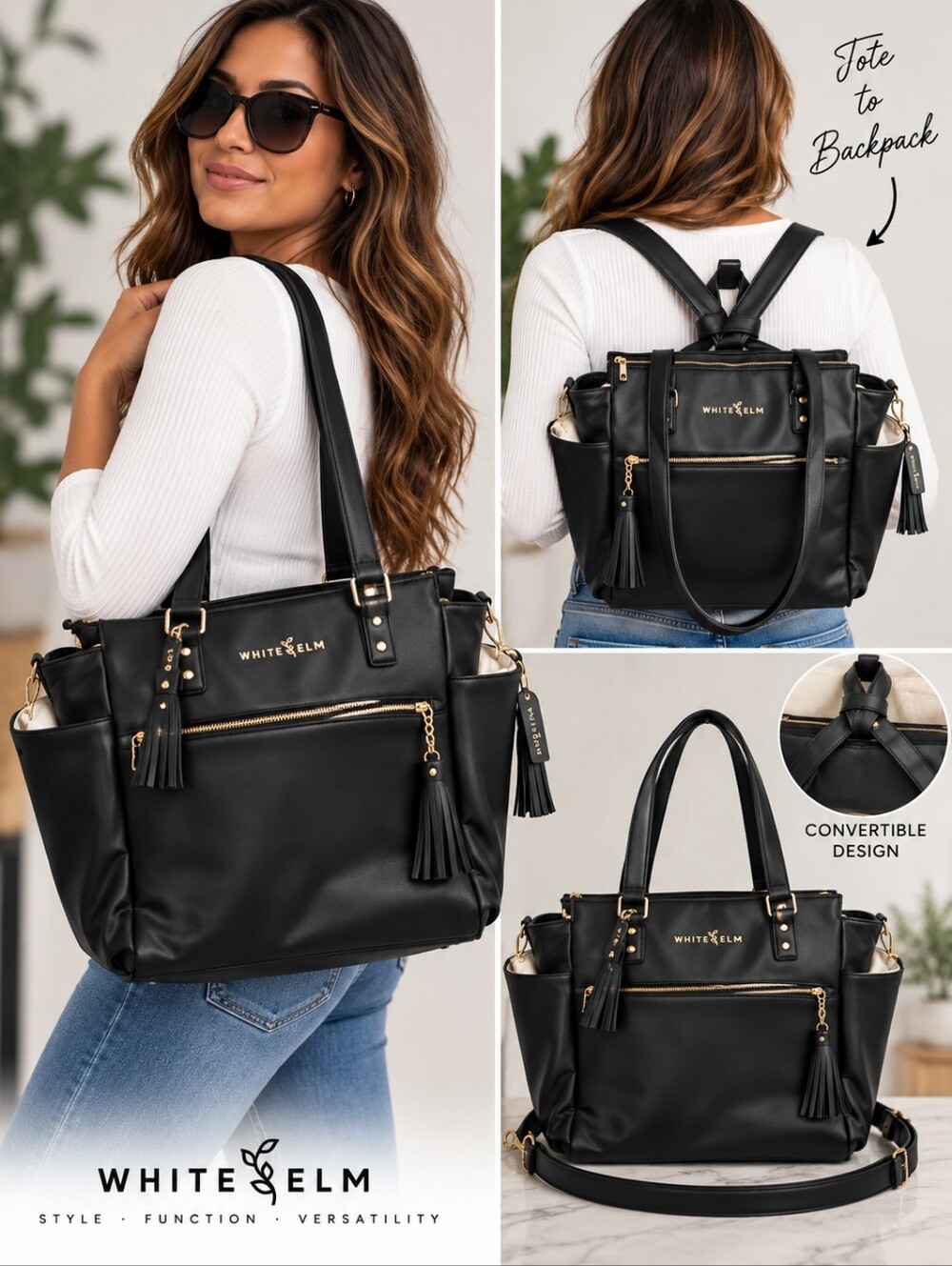 White Elm black tote/shoulder bag. It has a roomy structured design